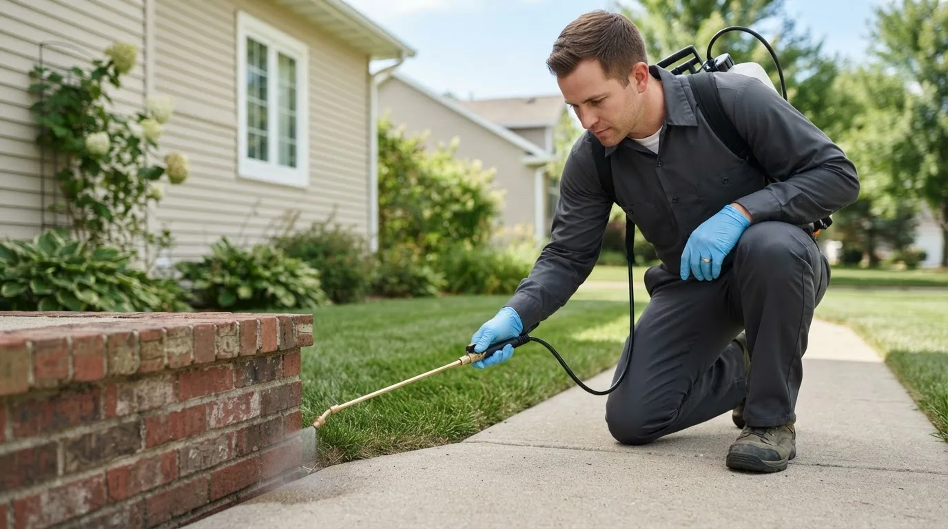 Pest control technician treating a home near Sterling, KS
